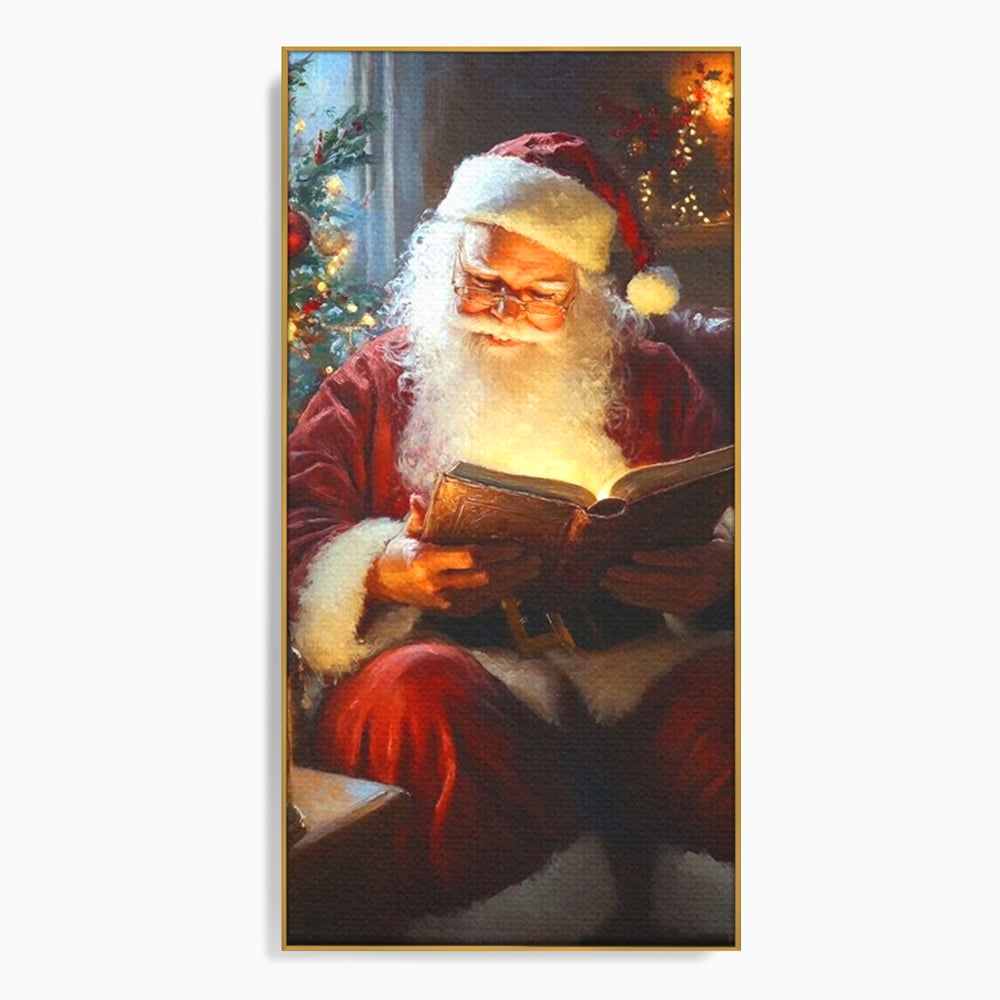 Tablou canvas cu tablou canvas cu mos craciun citind, in rama de aluminiu auriu